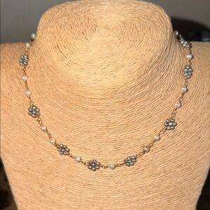 Fresh water Pearl Floral  14kt gf light blue with cream and pink undertone